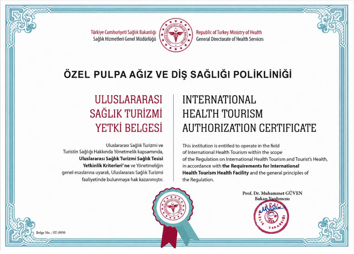 Pulpa dental sağlık turizm belgesi